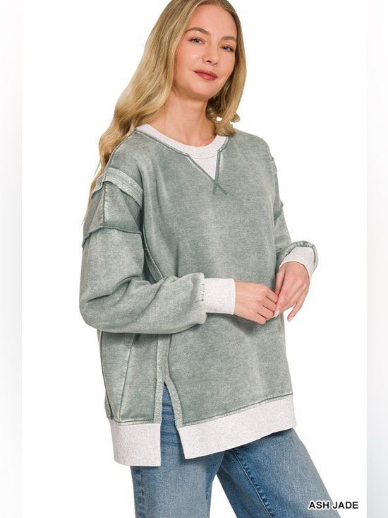 Zenana Outfitters Tops - Ash Jade FLEECE ACID WASHED CONTRAST TRIM
PULLOVER
